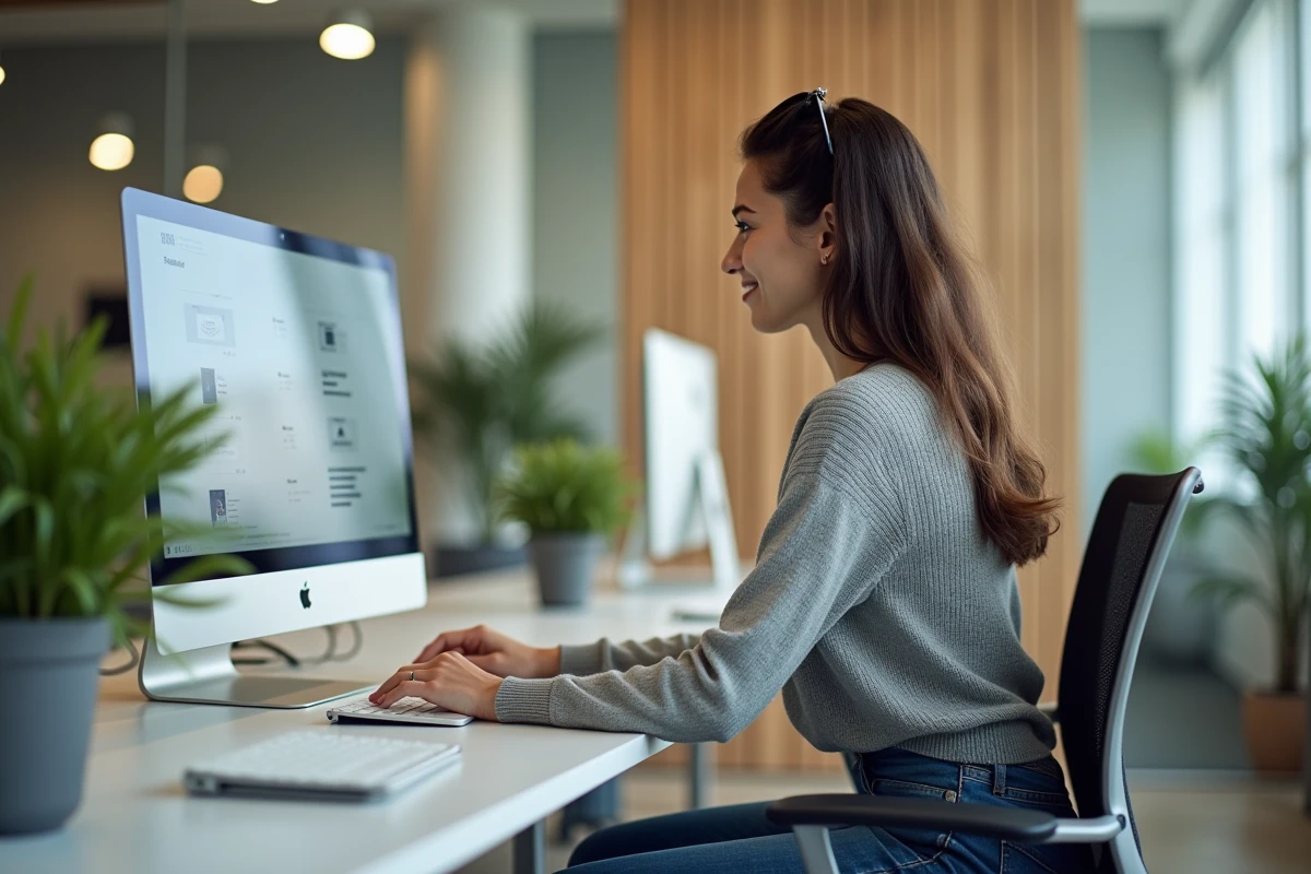 Jeune femme restaurant ses emails sur un poste de travail moderne