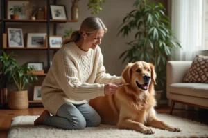 Femme en pull câblé caressant un golden retriever dans un salon chaleureux