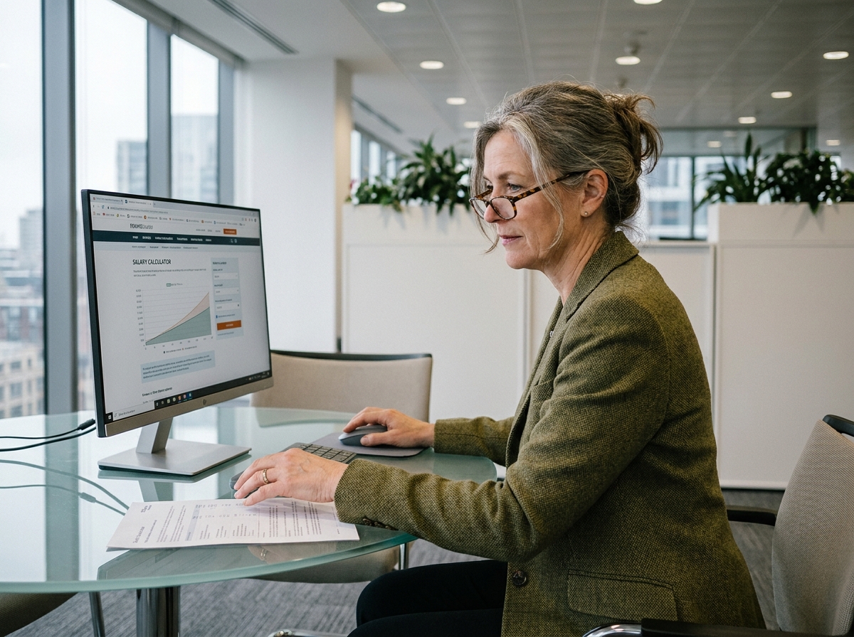 Femme senior en portage salarial analysant les résultats d'une simulation de salaire en ligne dans un bureau professionnel