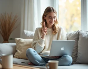 Femme souriante faisant du shopping en ligne sur son ordinateur portable dans un salon moderne et cosy