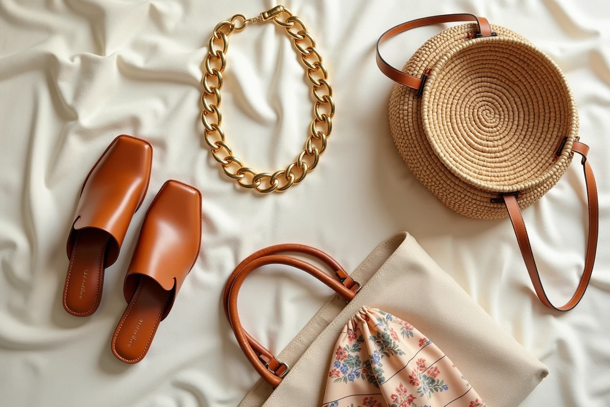 Flat-lay d'accessoires tendance de saison : sac en raphia, collier chaîne doré, mules en cuir, foulard en soie et tote bag sur fond de lin texturé