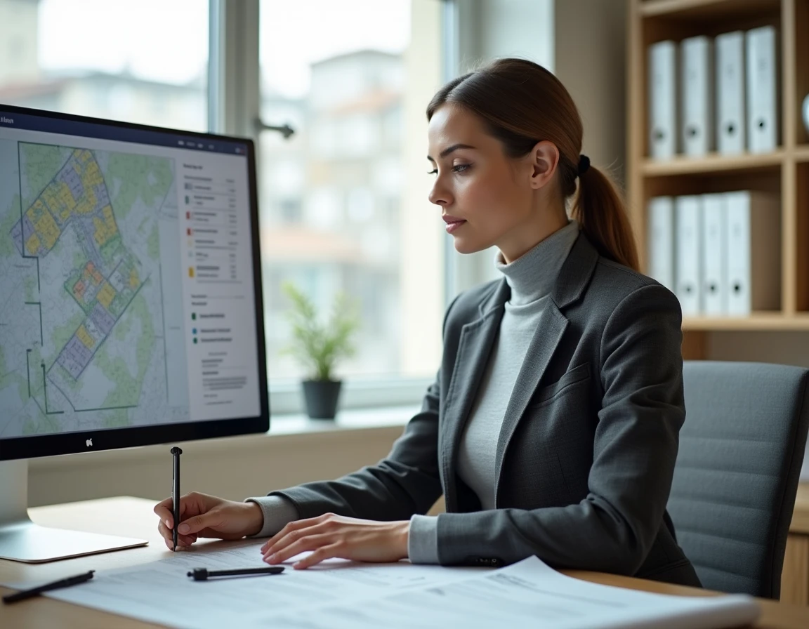 Géomètre experte du cabinet Betard analysant des données cadastrales et des plans de bornage sur ordinateur dans un bureau professionnel moderne