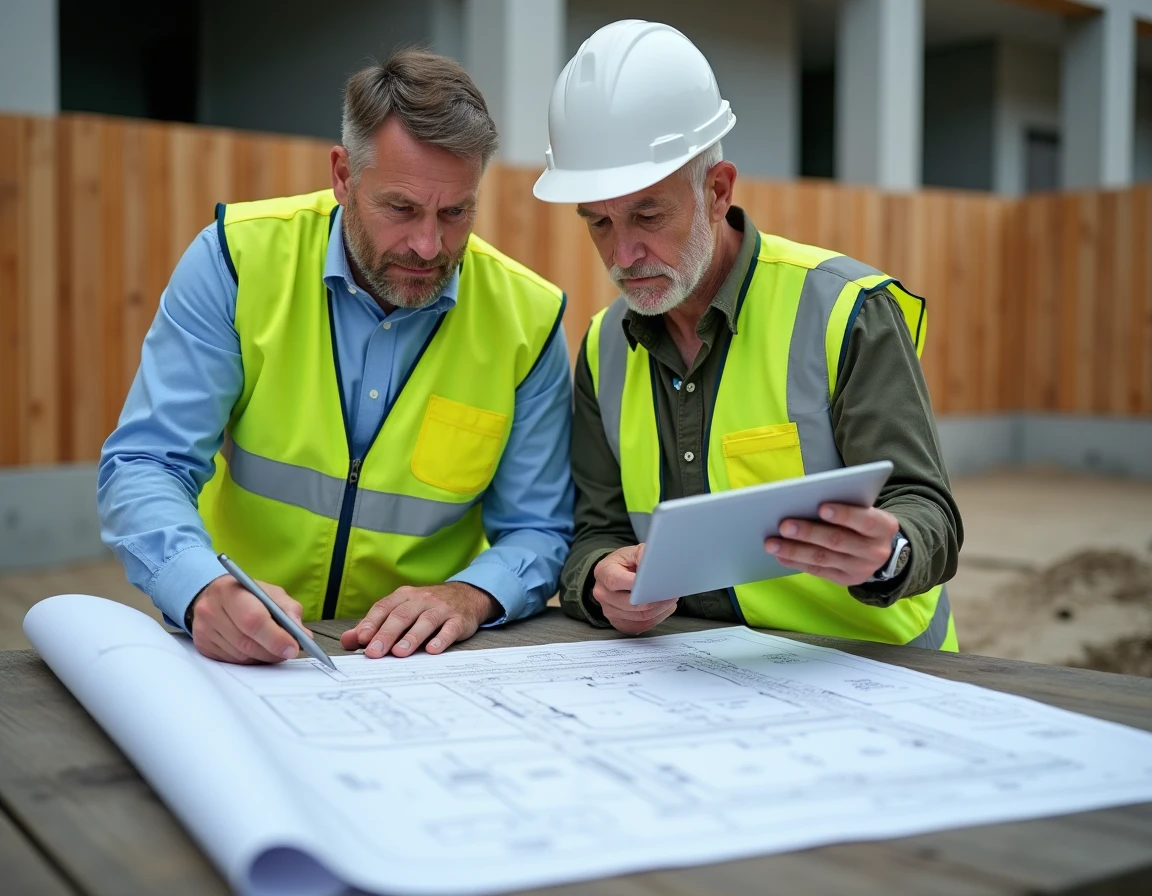 Deux géomètres experts du cabinet Betard consultant un plan cadastral sur un chantier immobilier commercial en cours de construction