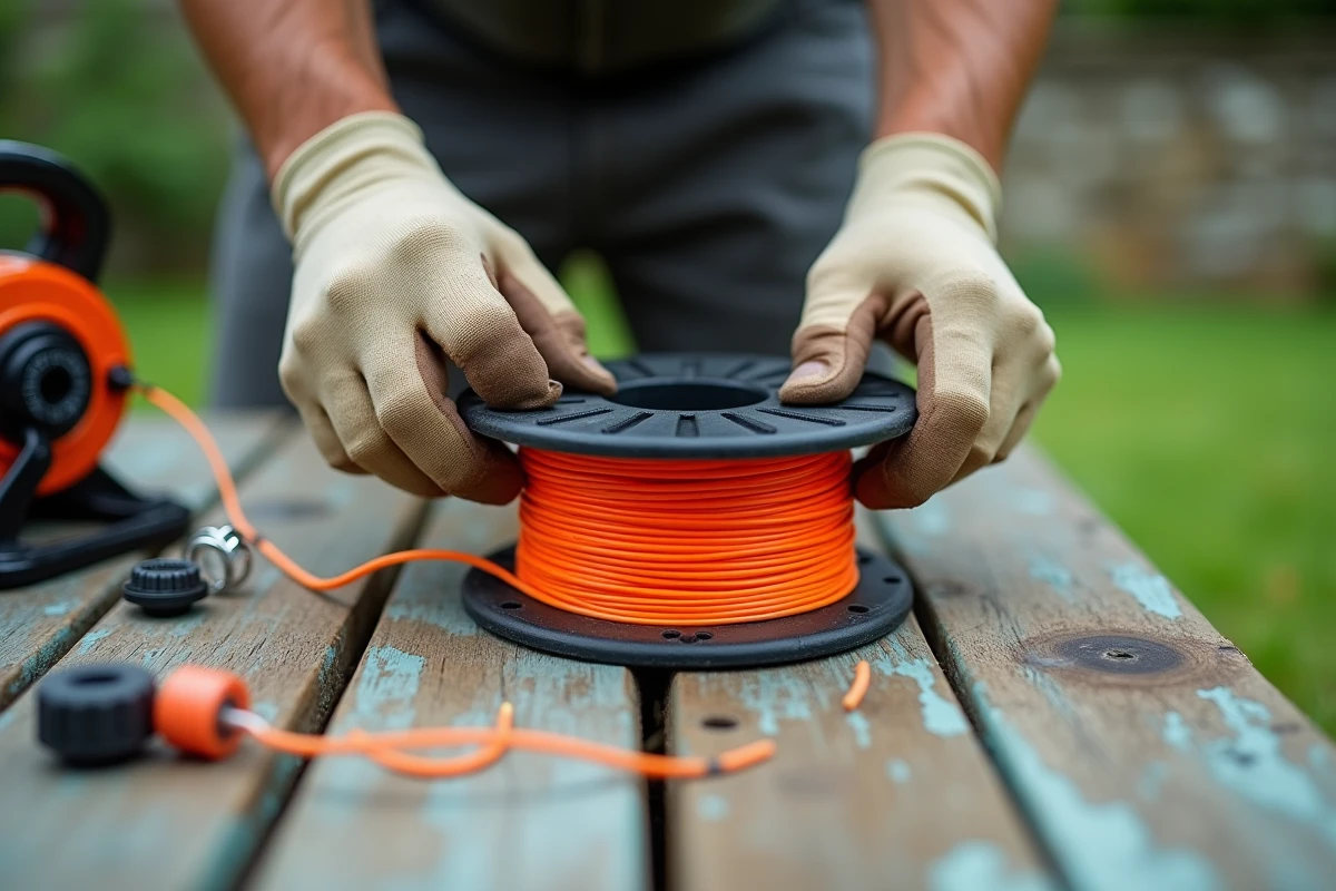 Gros plan sur l'enroulement du fil de débroussailleuse sur une bobine en bois
