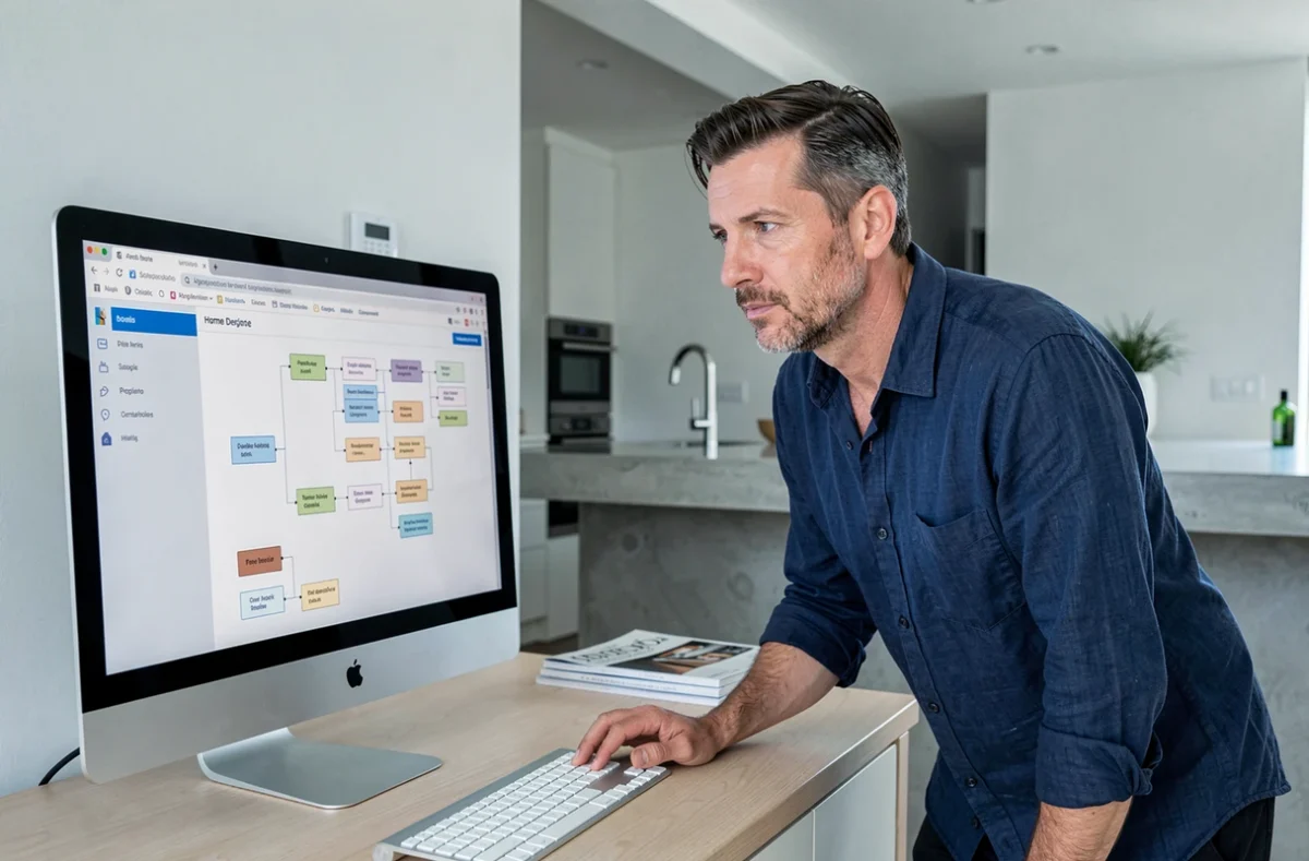 Homme analysant un plan de navigation de site web immobilier sur un écran d'ordinateur