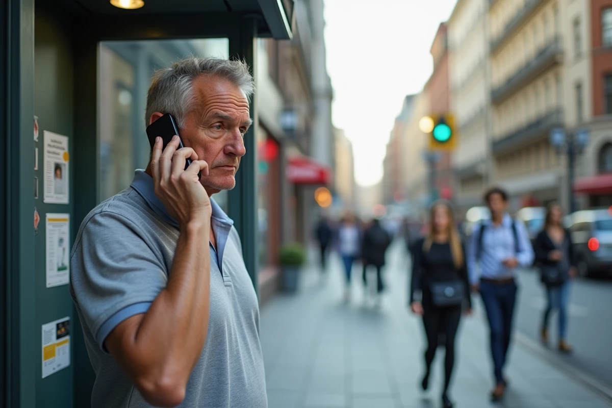 Homme en polo parlant au téléphone dans la rue urbaine