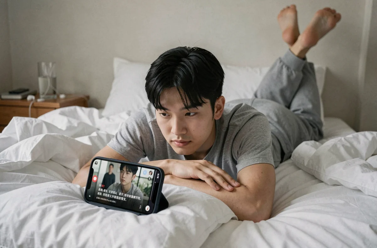 Jeune homme asiatique allongé sur son lit regardant un drama asiatique sous-titré sur son smartphone