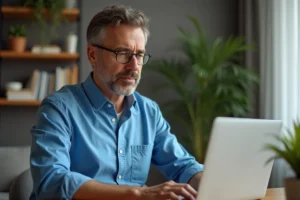 Homme d'âge moyen travaillant sur son ordinateur dans un bureau moderne