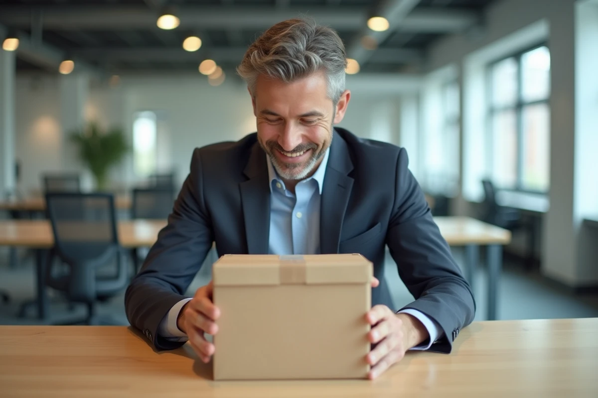 Homme en costume ouvrant un colis dans un bureau moderne