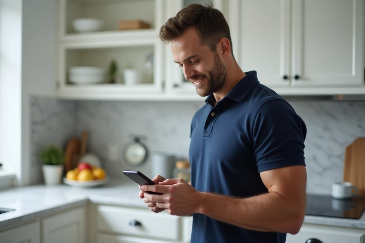 Homme vérifiant une commande de médicaments sur une pharmacie en ligne depuis son smartphone dans sa cuisine