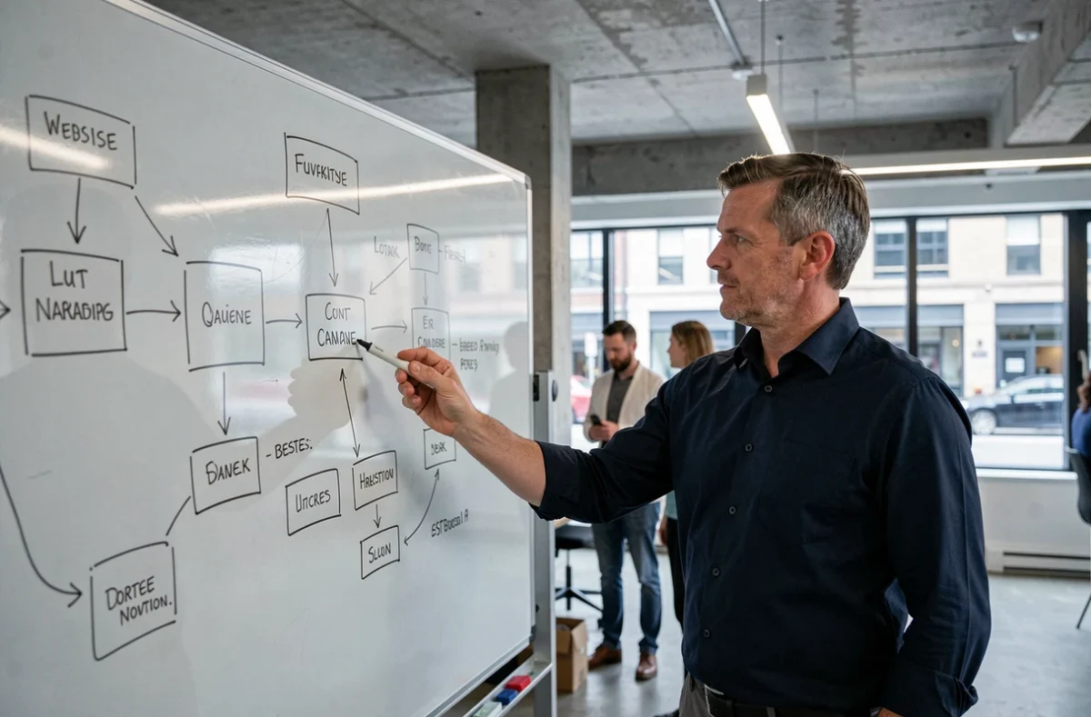 Homme expliquant un plan de navigation de site web dessiné sur un tableau en verre dans un bureau moderne