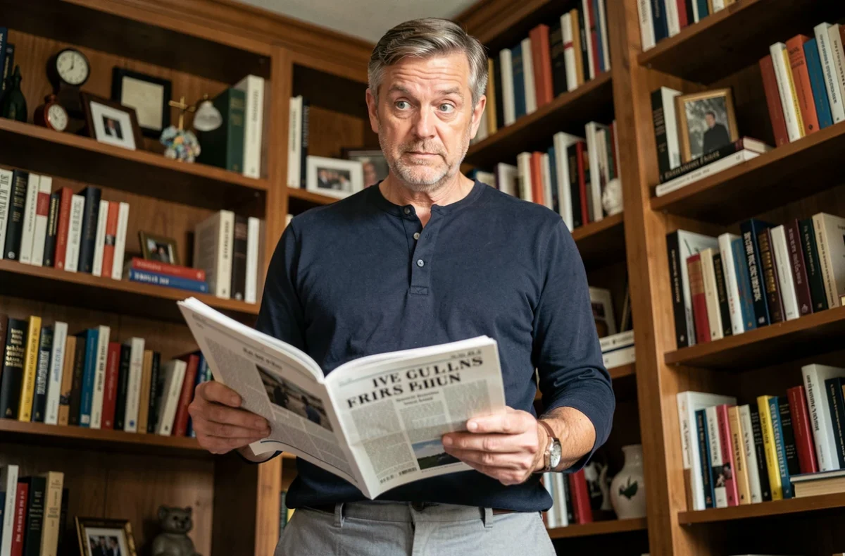 Homme lisant avec étonnement un article de magazine dans une bibliothèque personnelle, en lien avec les actualités de l'émission On ne m'avait pas dit que