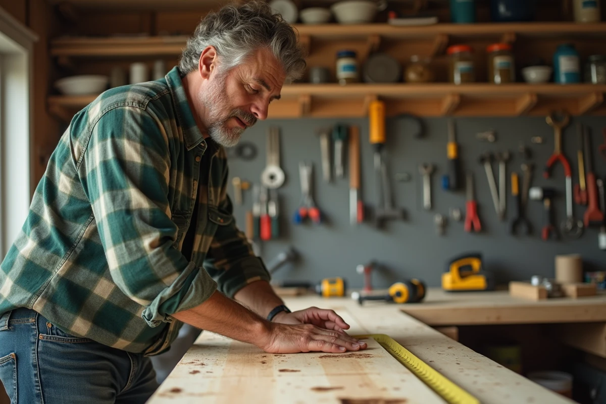 Homme mesurant une planche de pin dans un atelier garage