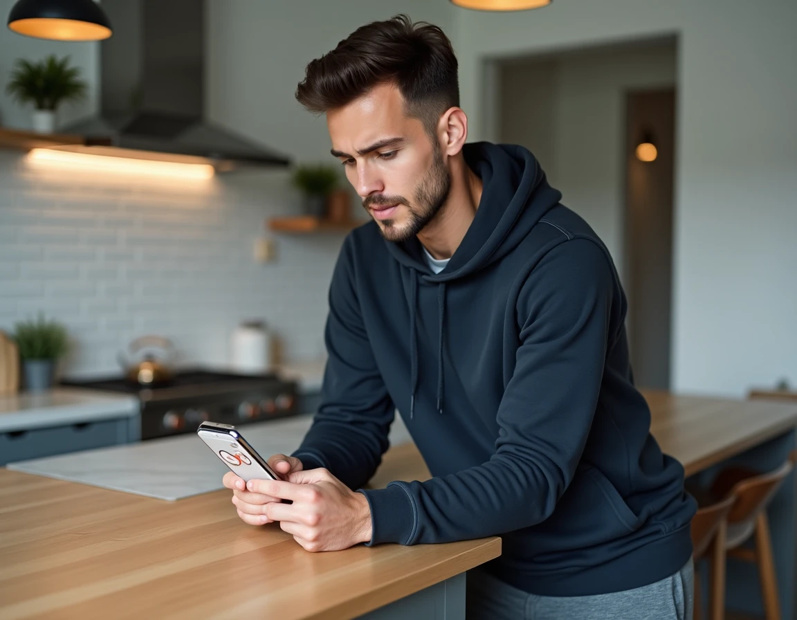 Homme consultant des offres promotionnelles sur une application de shopping depuis son smartphone dans une cuisine moderne