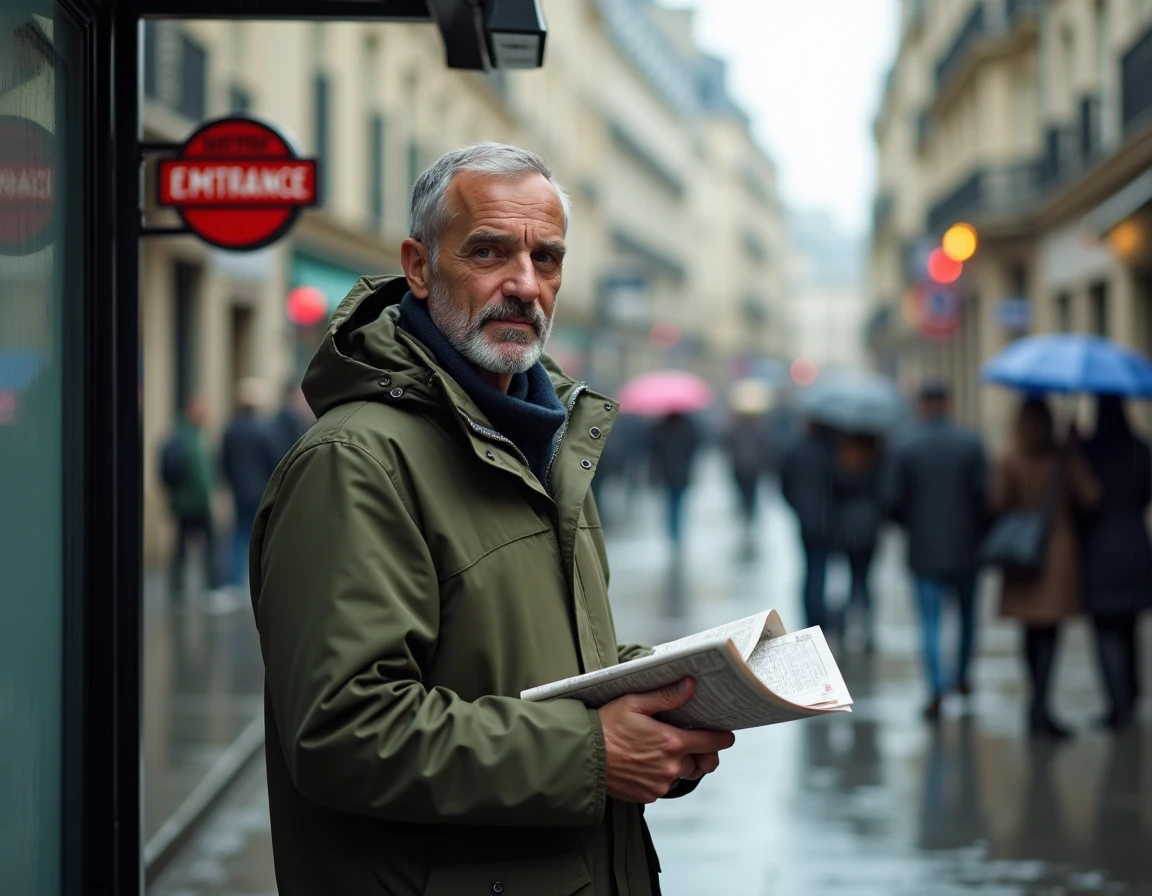Homme avec veste imperméable sous la pluie à un arrêt de bus parisien consultant la météo