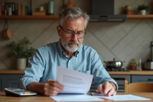 Homme d'âge moyen examinant des factures dans une cuisine moderne