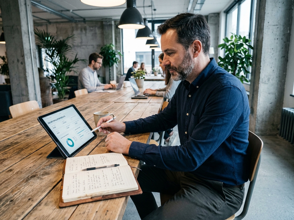 Homme consultant une simulation de revenus en portage salarial sur tablette dans un espace de coworking moderne