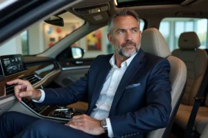 Homme en costume regardant l’intérieur d’une voiture de luxe