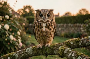 Hulotte commune perchée sur une branche moussue dans un jardin, reconnaissable à son chant 'huit huit'