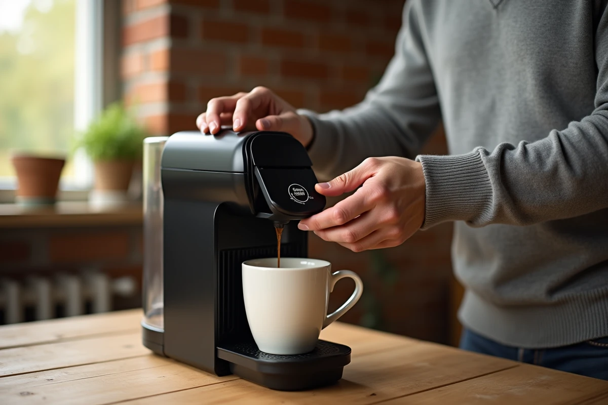 Homme insérant une dosette réutilisable remplie dans une machine Senseo le matin