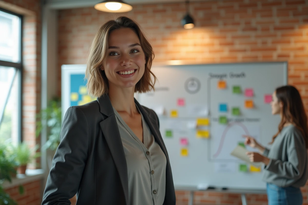 Jeune entrepreneure en réunion avec tableau blanc et diagrammes