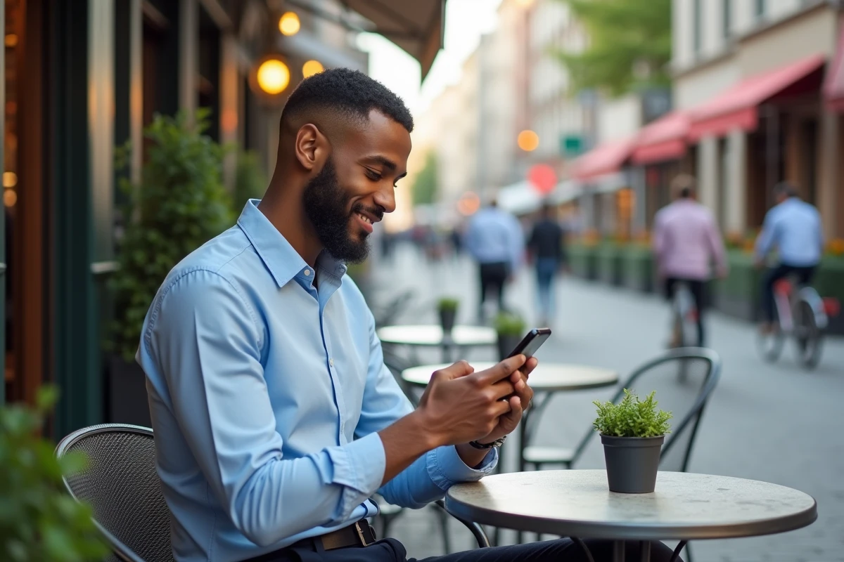 Jeune homme souriant utilisant son smartphone en terrasse de café