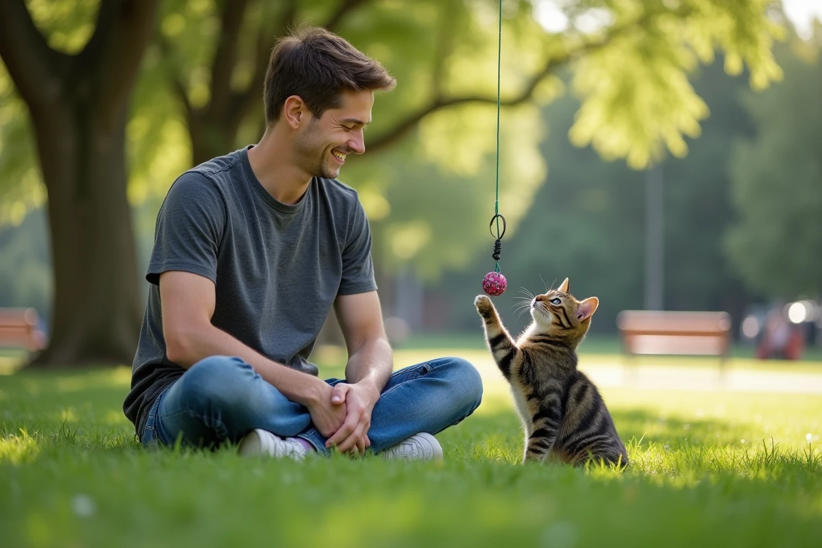 Jeune homme souriant avec un chat jouant dans un parc ensoleille