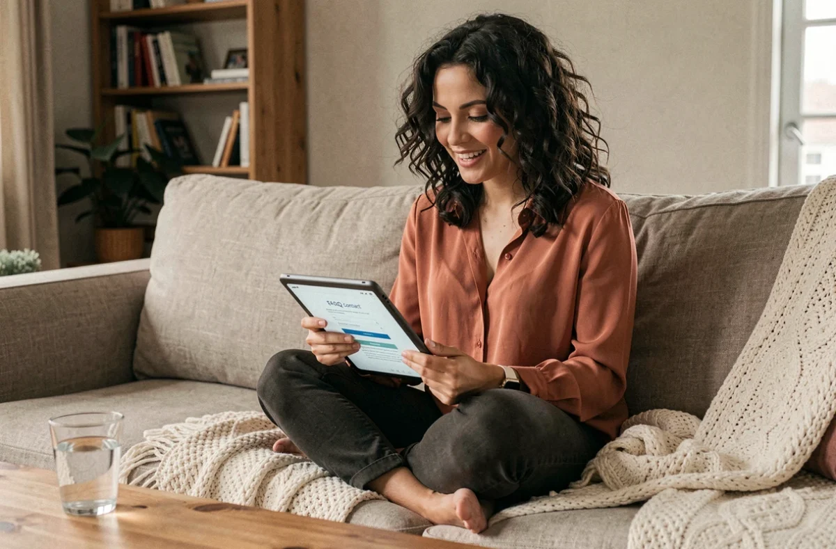 Jeune femme consultant la page de contact d'un site éditorial sur tablette depuis son canapé à la maison