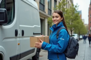 Jeune femme livreuse en uniforme bleu prépare un colis