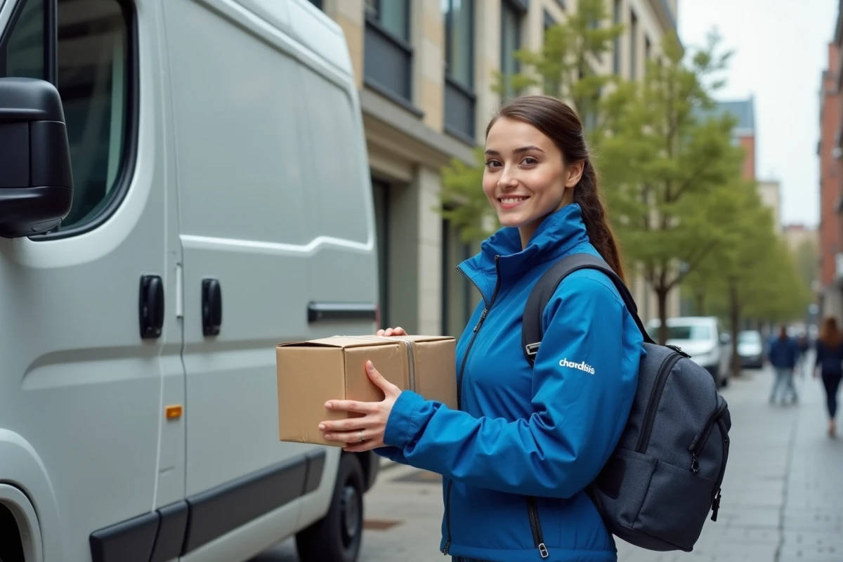 Jeune femme livreuse en uniforme bleu prépare un colis