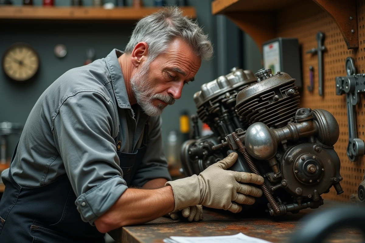 Mécanicien moto travaillant sur un moteur vintage dans un atelier équipé d'outils et de pièces détachées