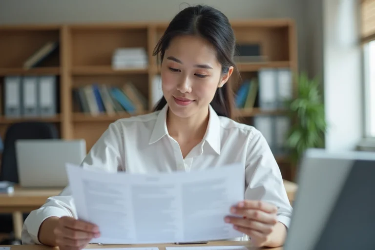 Femme professionnelle consultant les mentions légales d'un site web dans un bureau moderne