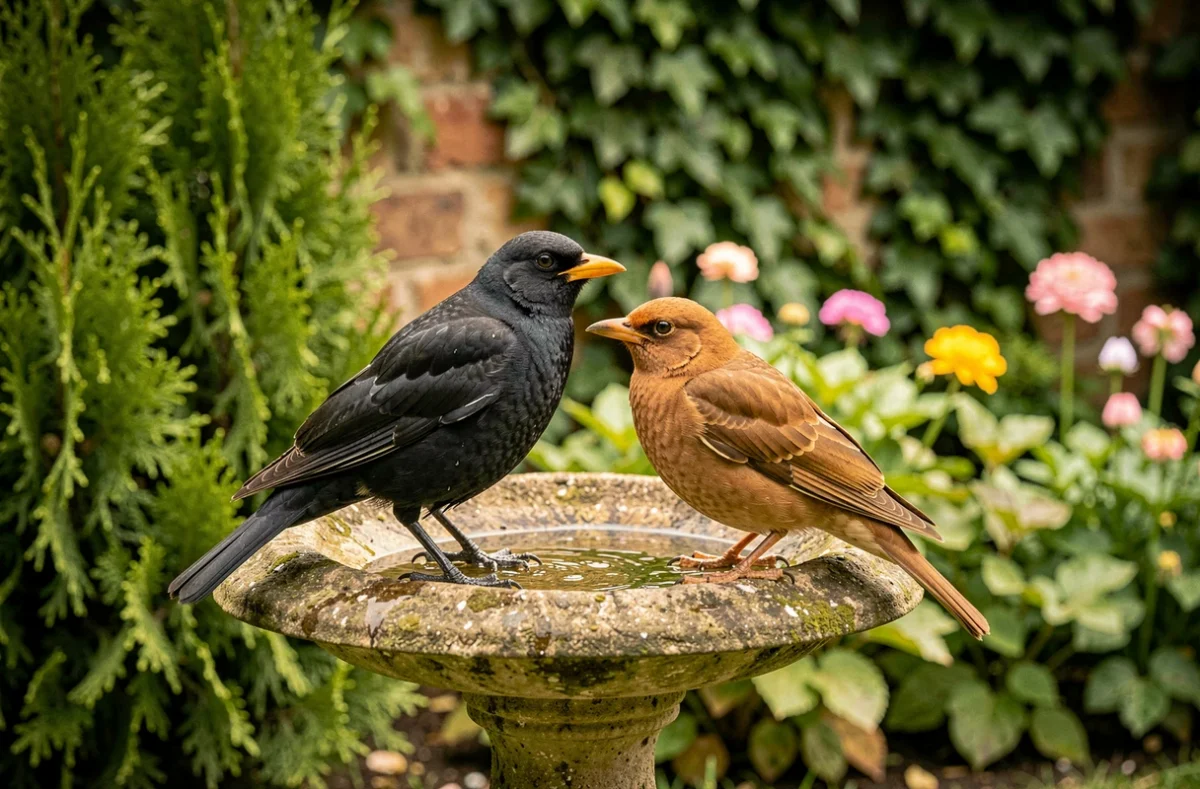 Couple de merles noirs sur un bain d'oiseaux dans un jardin verdoyant, mâle et femelle identifiables