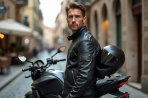 Motard en blouson de cuir noir debout à côté de sa moto sportive dans une rue pavée européenne