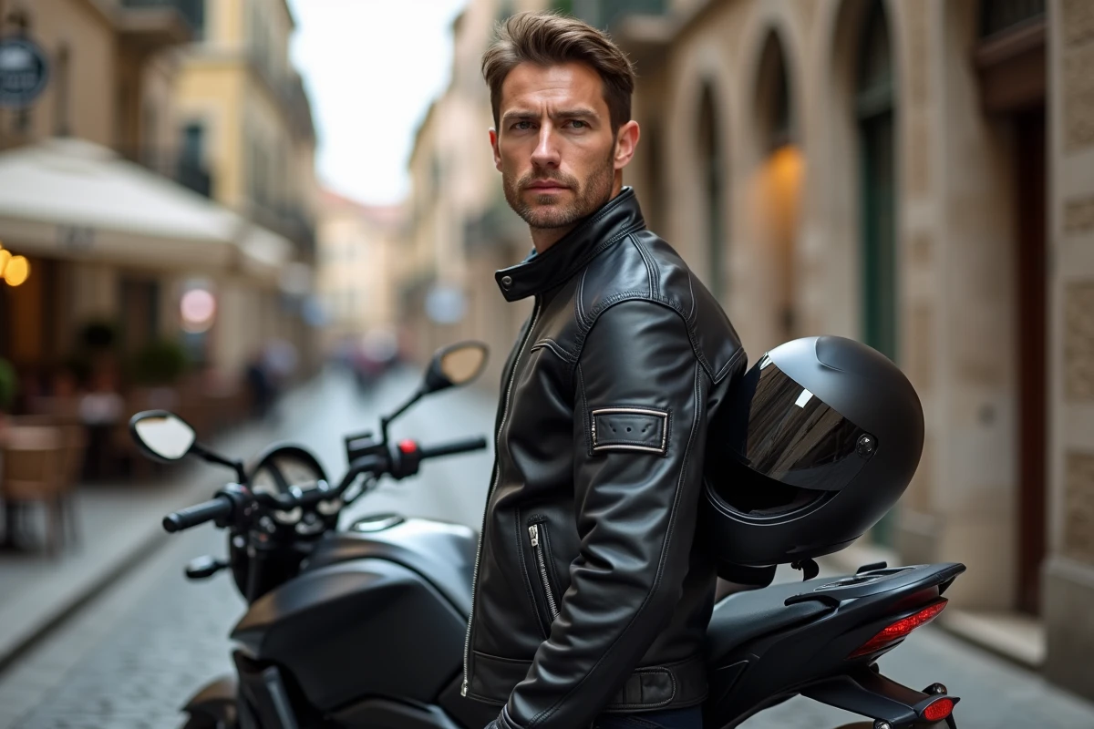 Motard en blouson de cuir noir debout à côté de sa moto sportive dans une rue pavée européenne