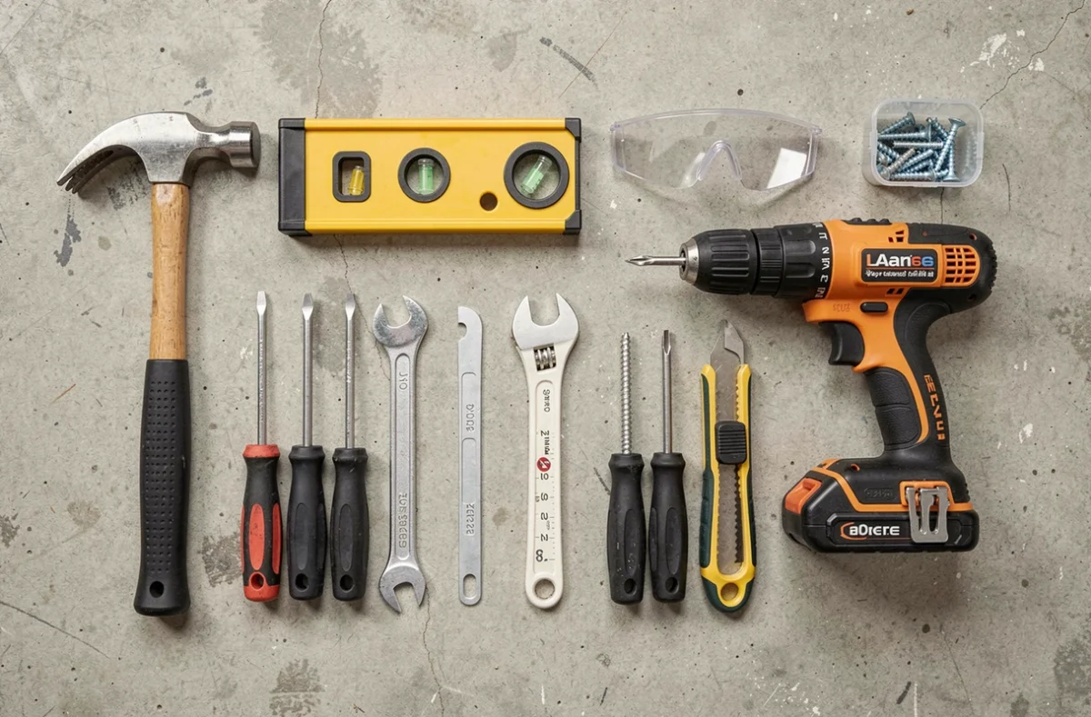 Vue à plat des outils de bricolage indispensables pour la maison, disposés sur une surface en béton brut