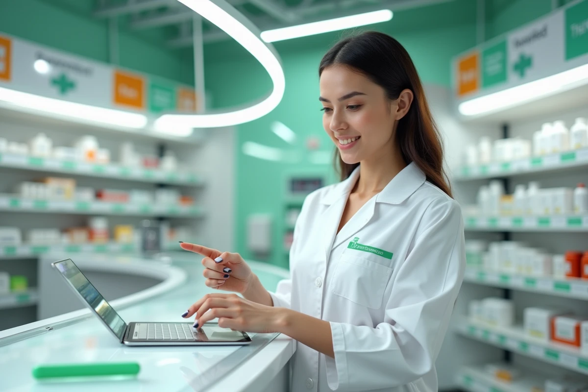 Pharmacienne présentant une plateforme de pharmacie en ligne agréée sur une tablette dans son officine