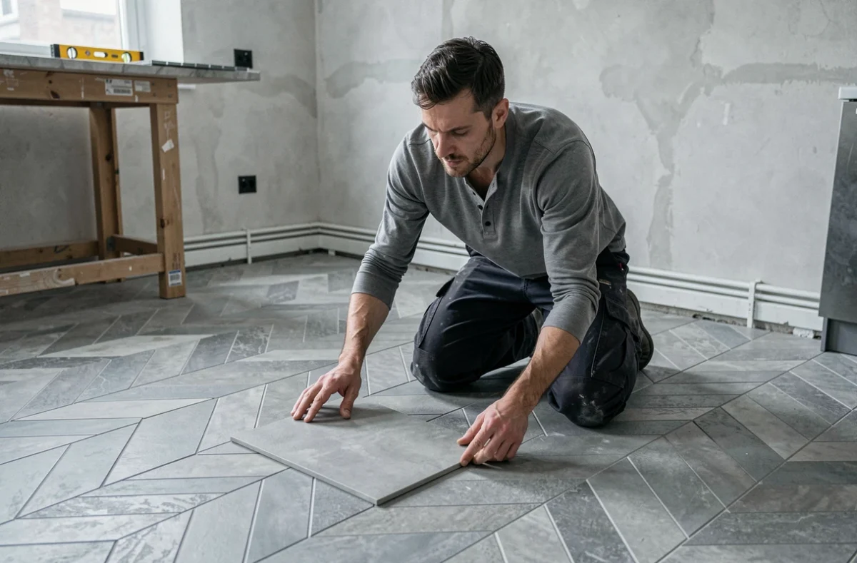 Homme posant des carreaux de ciment en chevron sur le sol d'une cuisine en rénovation