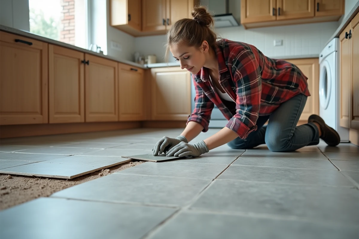 Femme posant du carrelage dans une cuisine en cours de rénovation