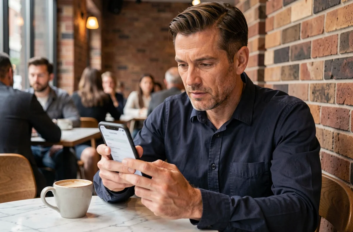 Homme consultant un formulaire de contact sur smartphone dans un café pour poser une question à une équipe