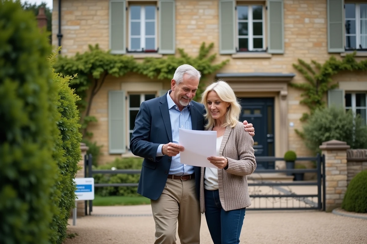 Couple de propriétaires consultant une estimation immobilière devant leur maison en pierre avec jardin