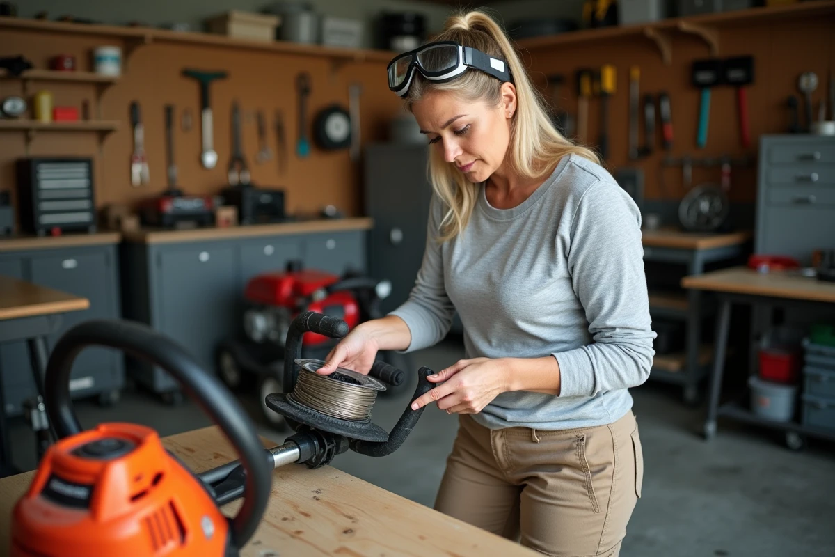 Femme remplaçant le fil d'une tête de débroussailleuse dans un garage atelier