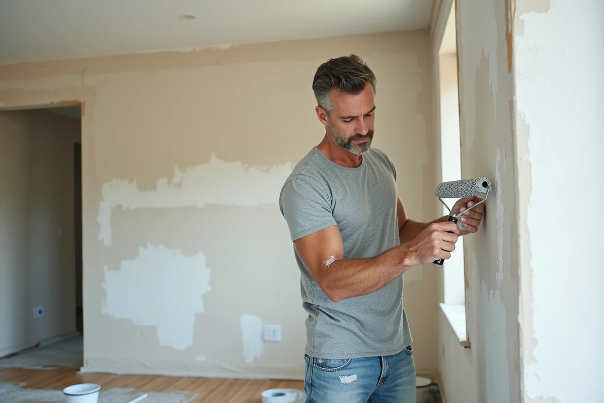 Homme en train de peindre les murs de son salon lors de travaux de rénovation intérieure