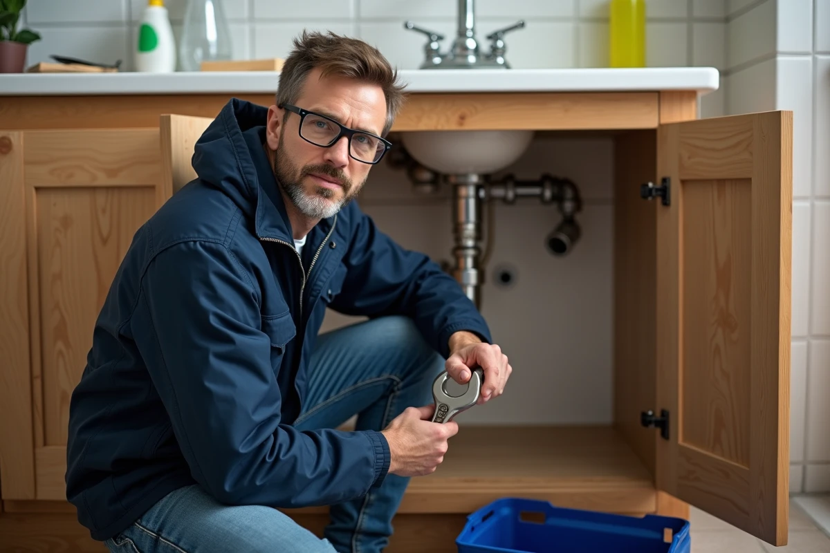 Homme réparant la plomberie sous un lavabo lors de travaux de bricolage dans une salle de bain