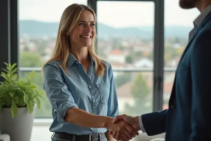 Femme souriante serrant la main d'un agent immobilier dans un salon