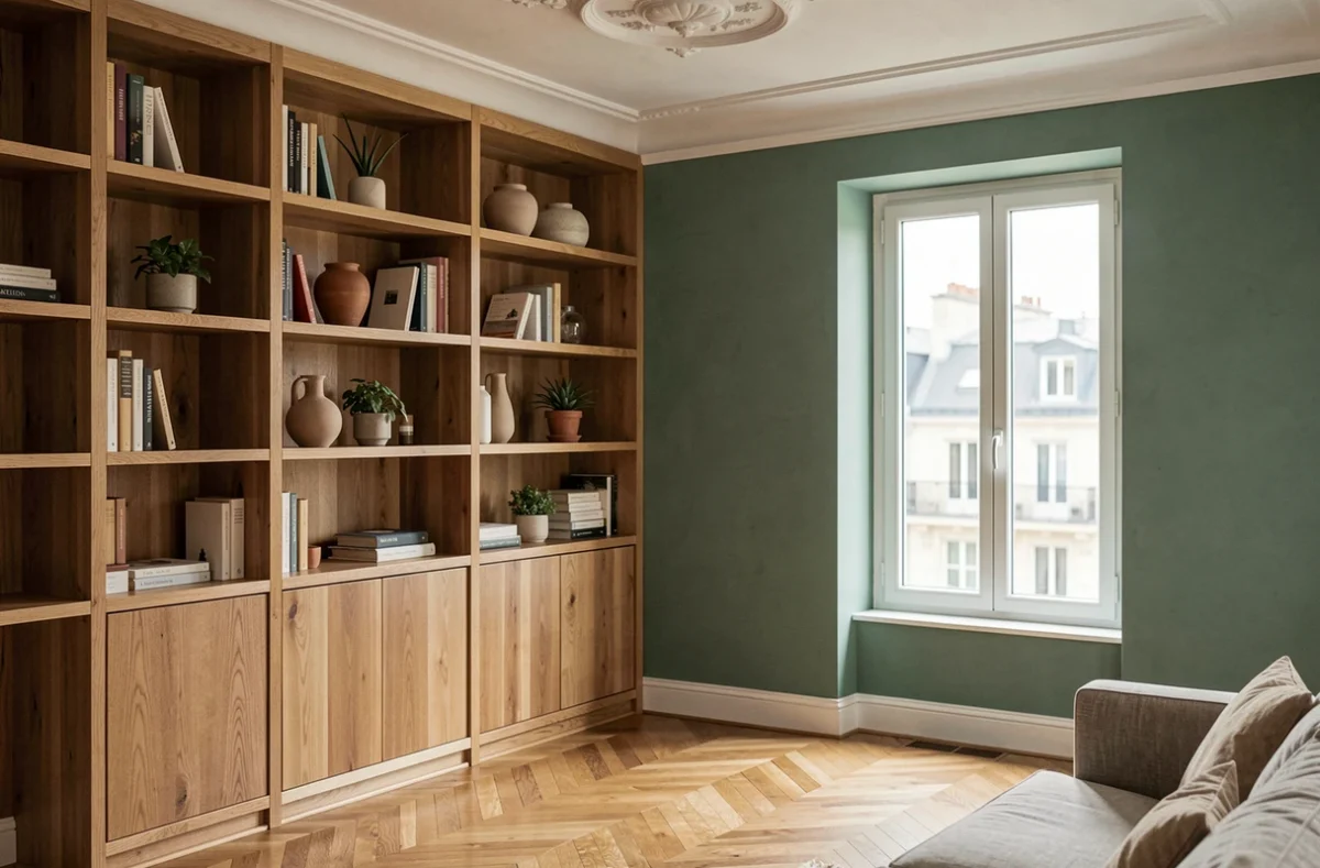 Salon rénové avec bibliothèque en chêne et mur vert sauge dans un appartement haussmannien parisien