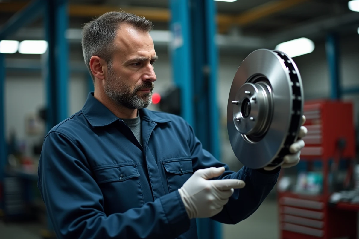 Technicien automobile inspectant un disque de frein en céramique dans un atelier professionnel