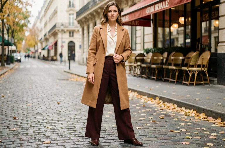 Femme élégante en manteau camel et pantalon bordeaux dans une rue pavée parisienne en automne, tendances mode incontournables