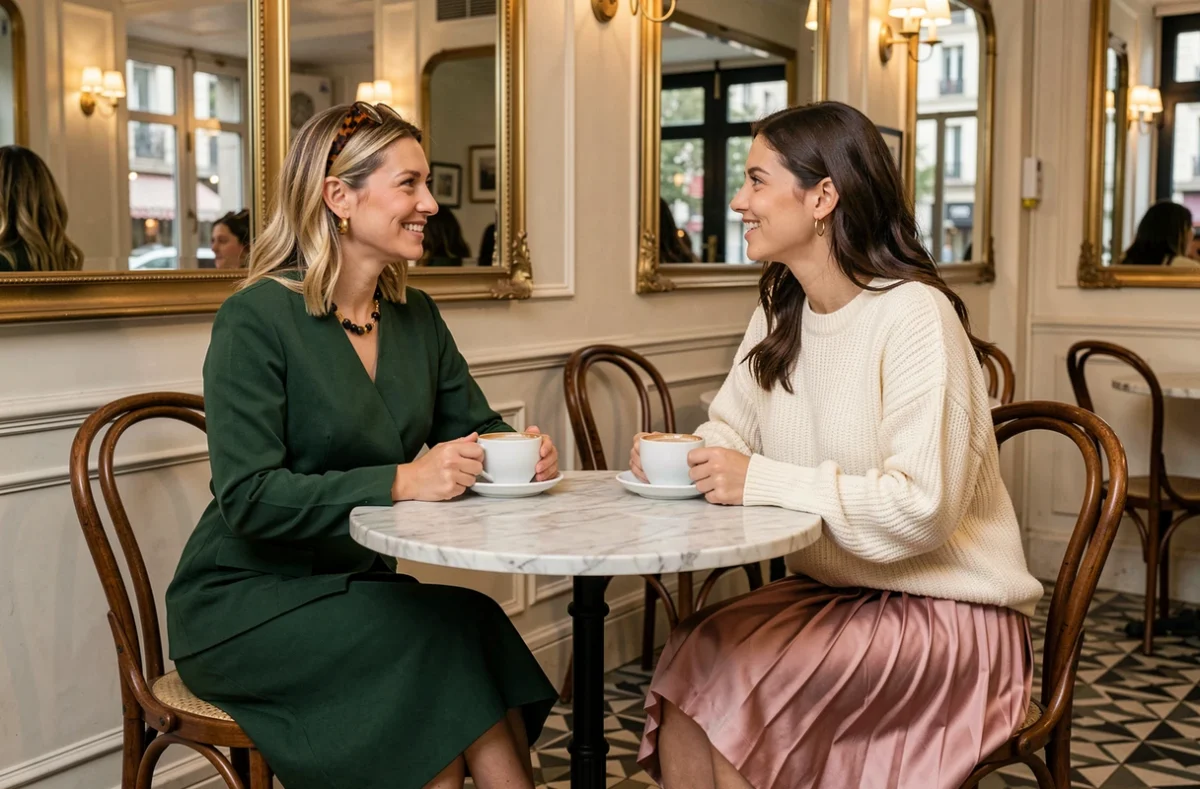 Deux femmes aux styles élégants et tendance attablées dans une brasserie parisienne chic, mode automne-hiver incontournable