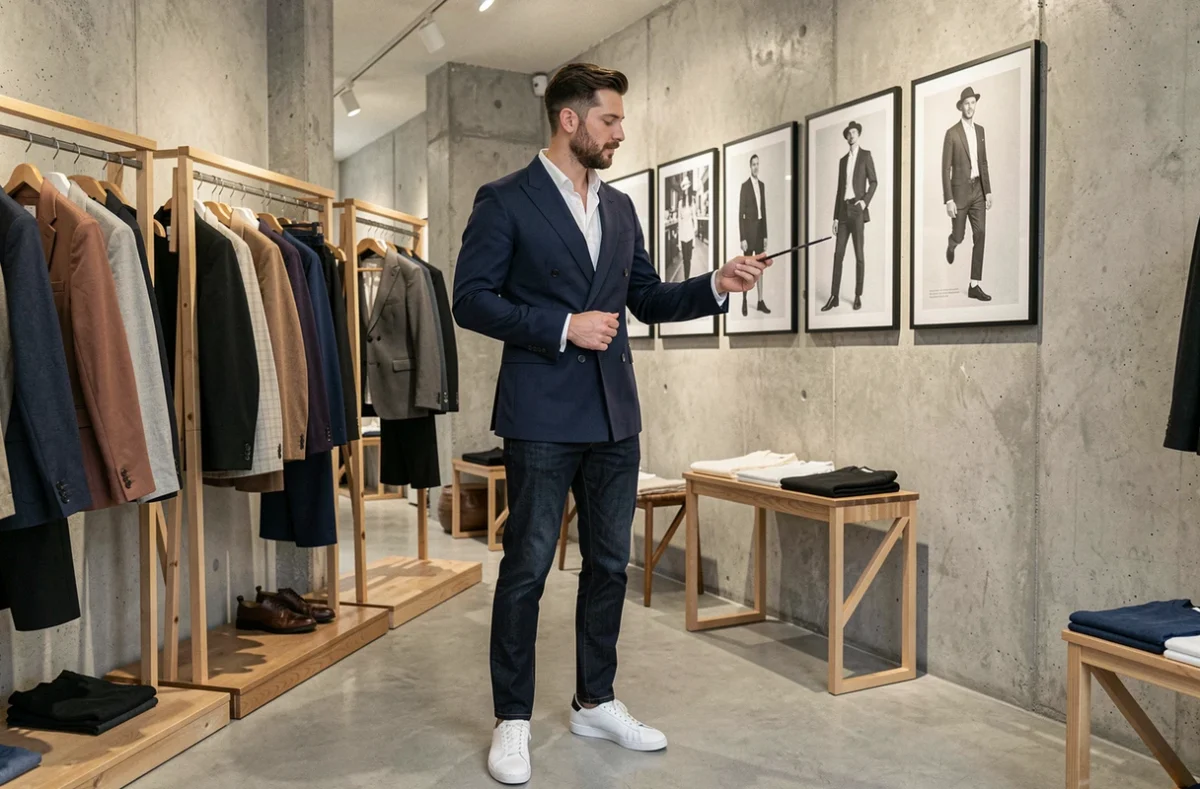Homme stylé en blazer marine dans un concept store minimaliste, tendances mode masculine élégante et contemporaine